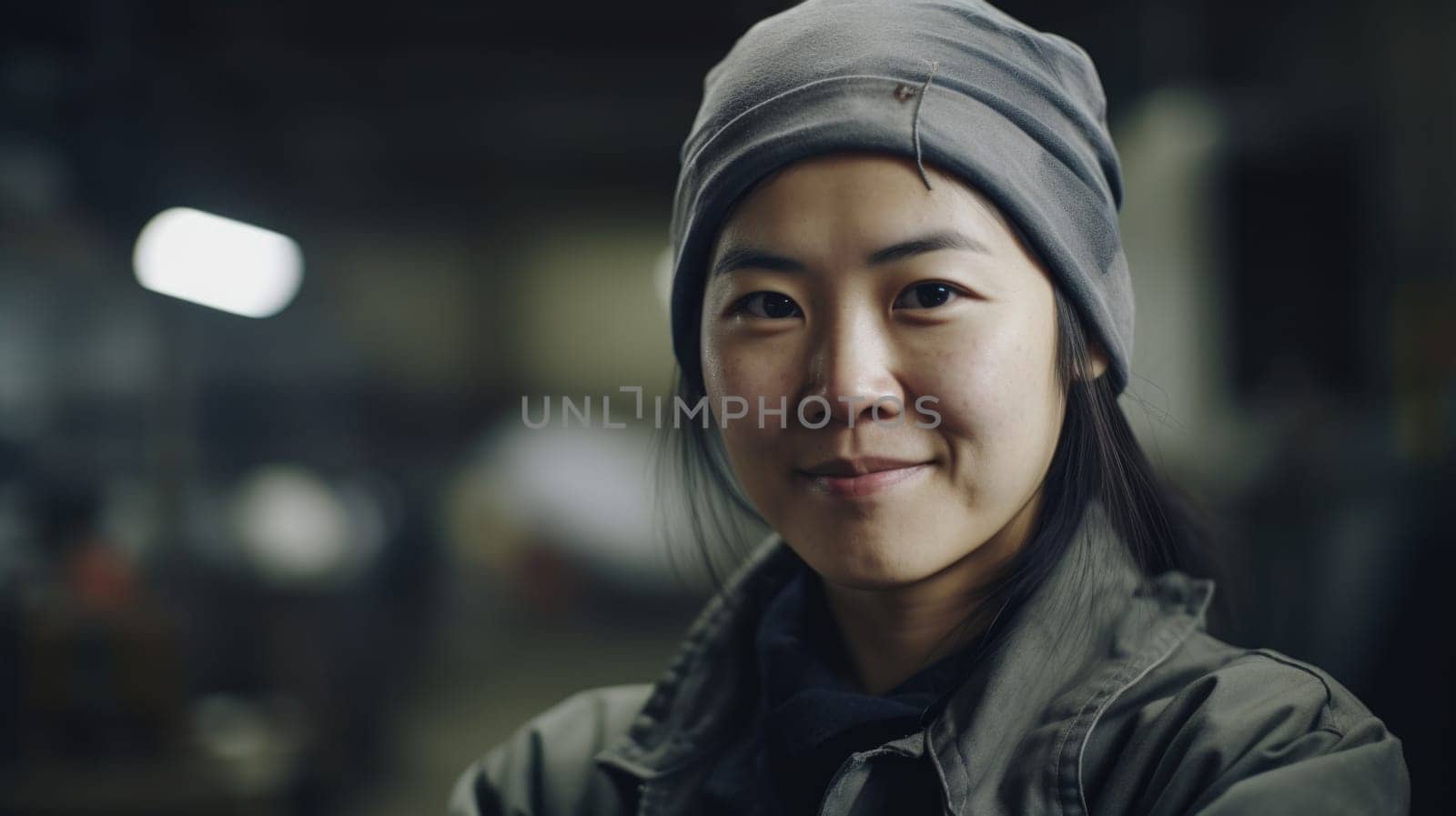A smiling Chinese female factory worker standing in metal sheet factory. Generative AI AIG19.