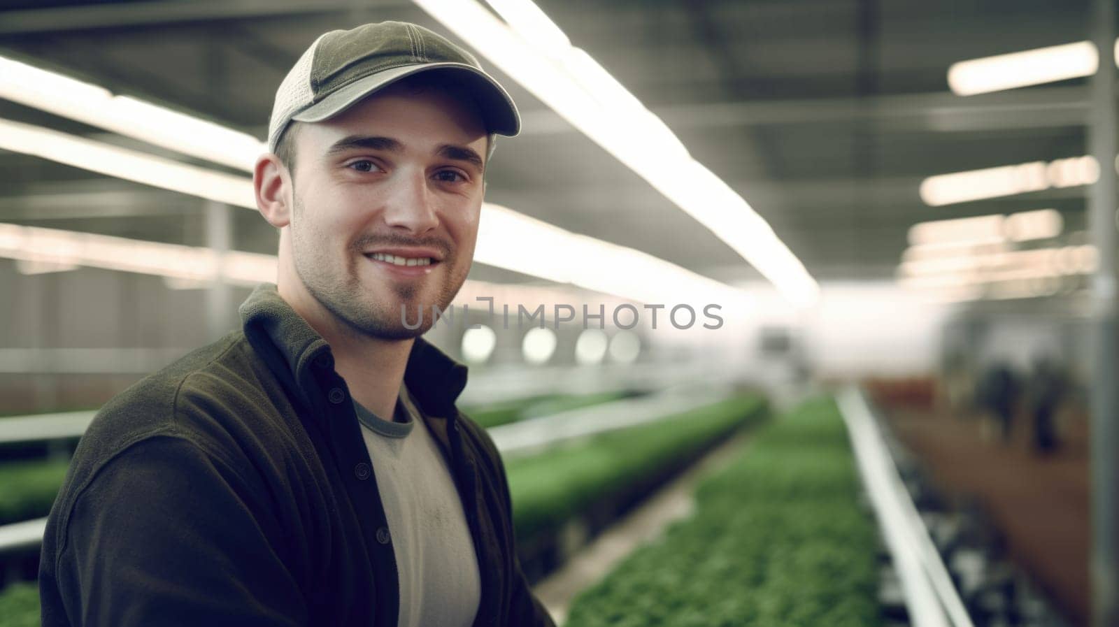An ambitious male farmer looking at the camera in the indoor farm smiling happily. Generative AI AIG 20.