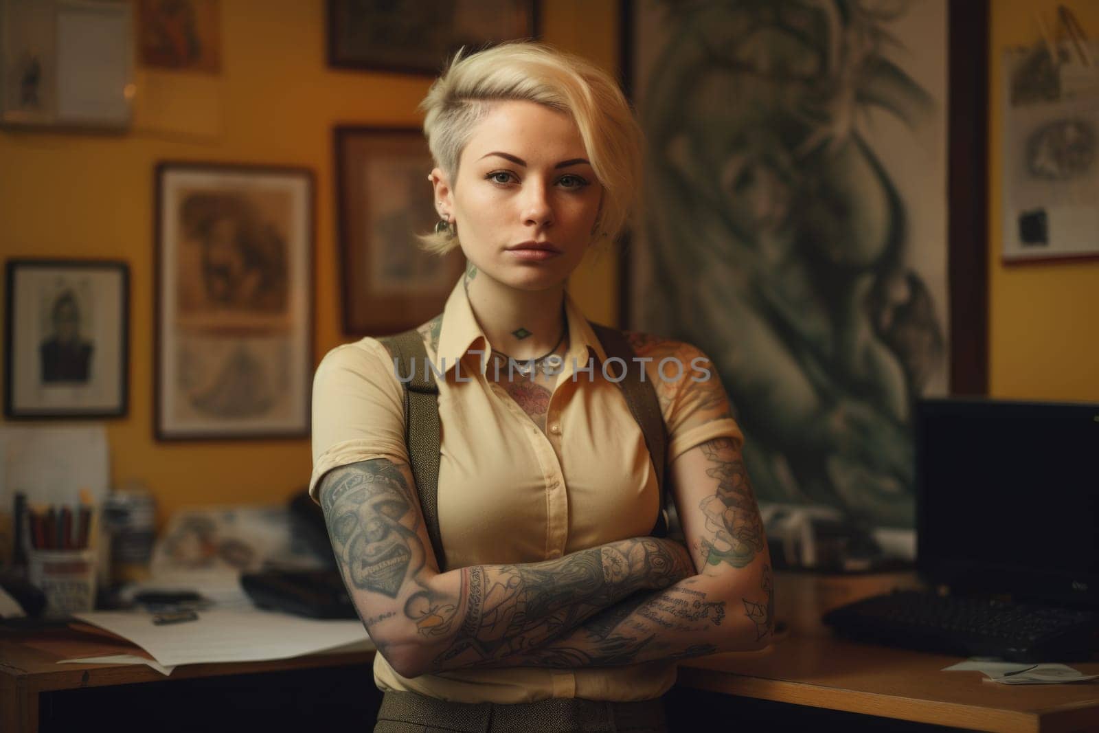 A tattooed woman with blonde short haircut standing in the office. Generative AI AIG21.