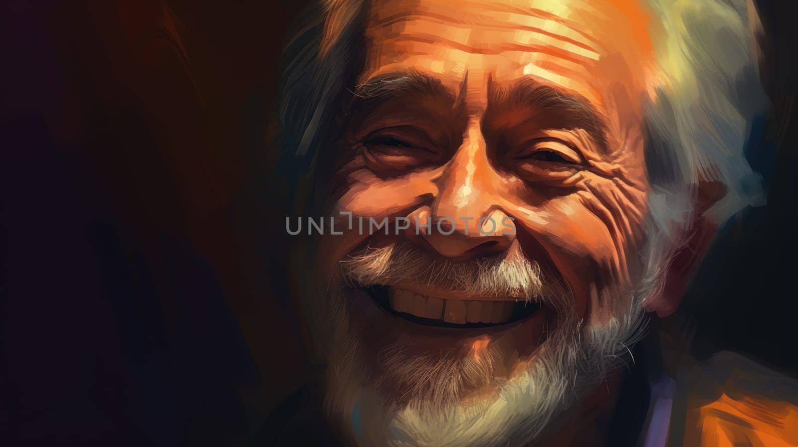 A portrait painting of a smiling older man in an oil on canvas painting style. Generative AI AIG21.