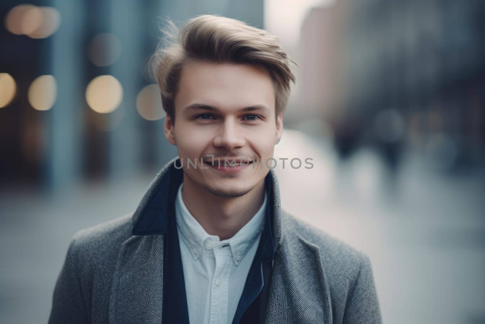 Young smart swedish businessman, smiling face, standing in blur background of modern office building. Generative AI AIG20.