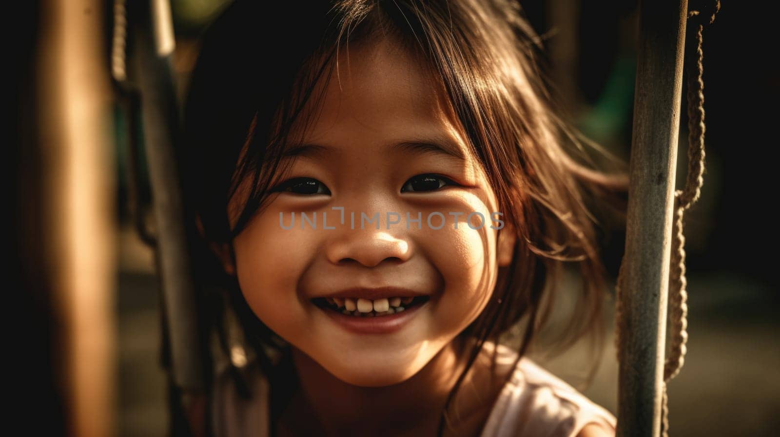 Close up smiling face, young asian girl playing on a swing, happiness, childhood, freedom, vitality, outdoor fun, carefree, sunlight. Generative AI AIG20.