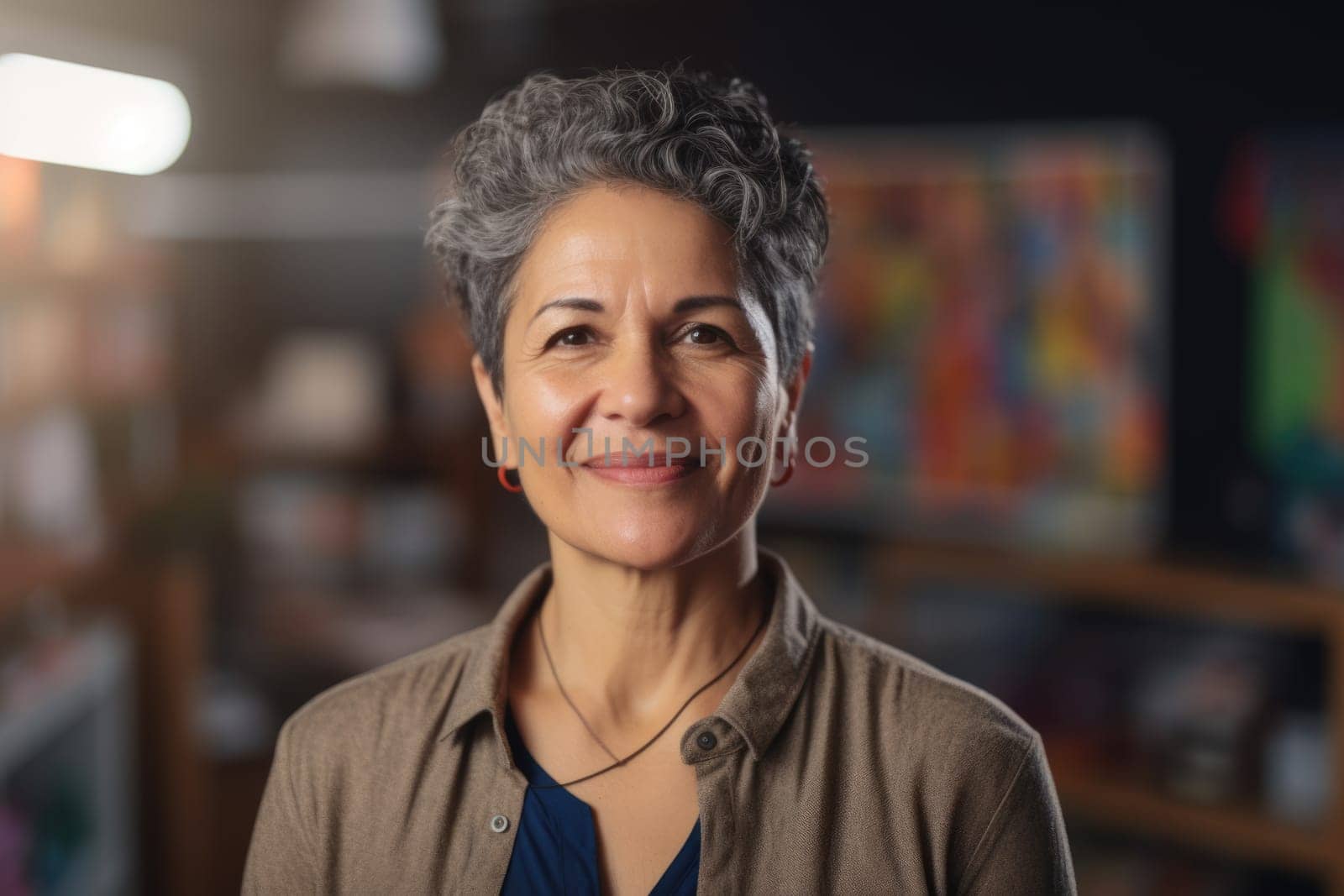 Mature smart hispanic businesswoman, smiling face, standing in blur background of creative colorful office interior design. Generative AI AIG20.