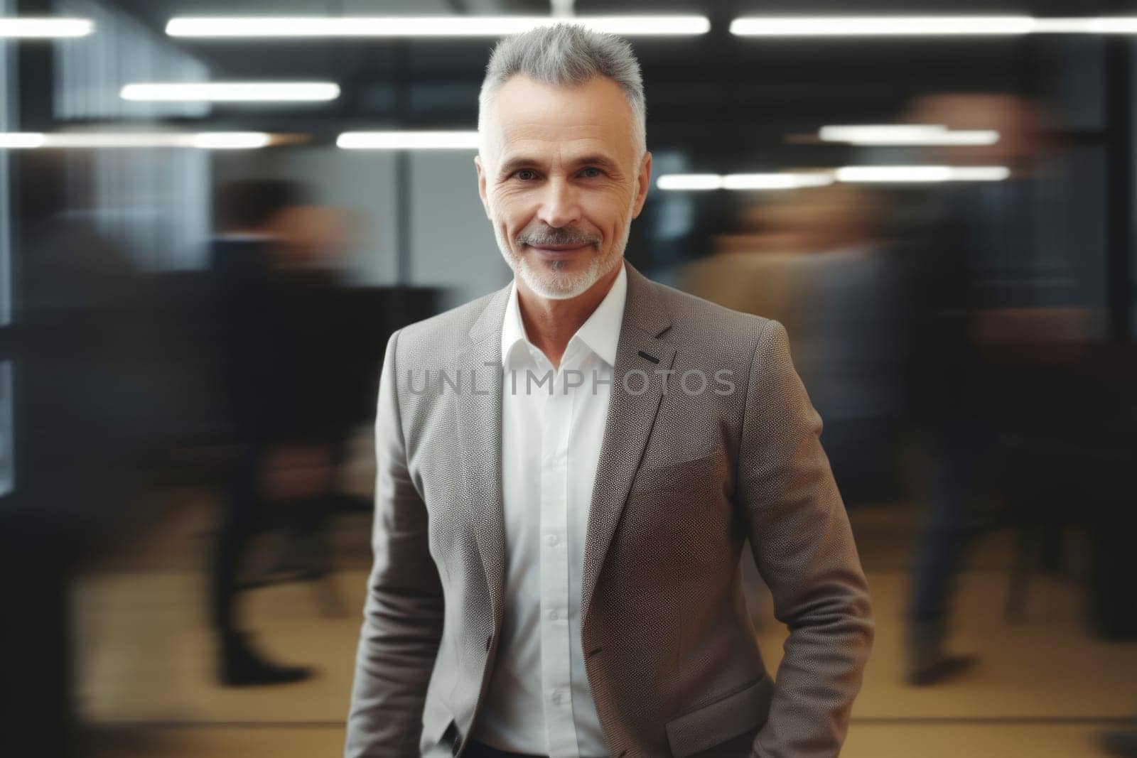 40s mature male executive, smiling face, standing in blur background of busy office. Generative AI AIG20.