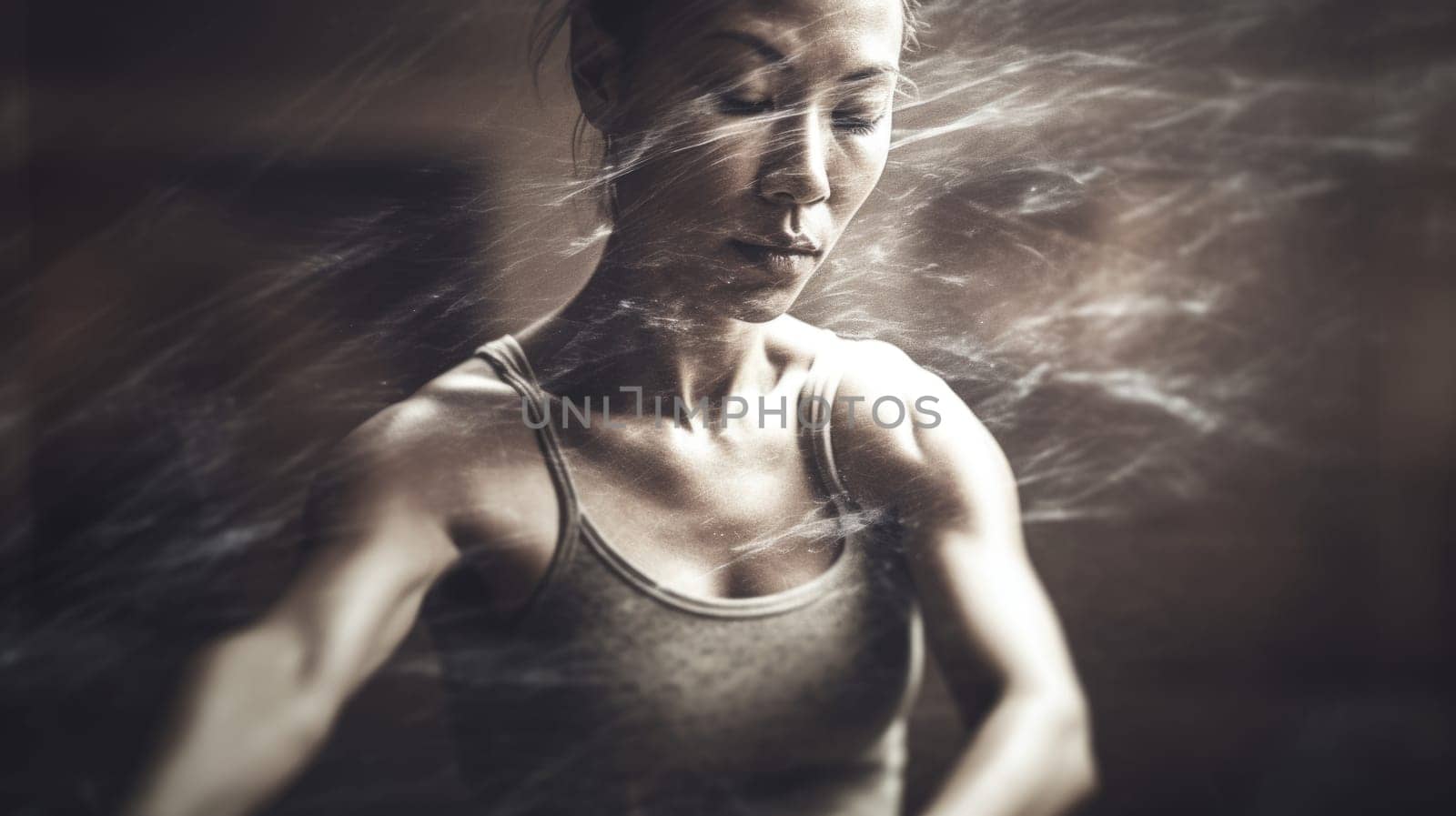 Young asian woman in advanced yoga pose, double exposure, energy ripple in the body, heroic. Generative AI AIG20.