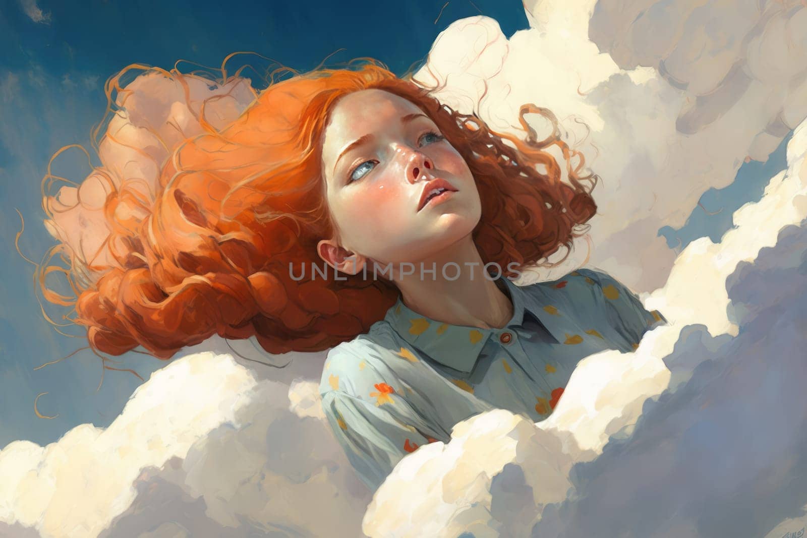 Happy slumber woman rest on peaceful serene and calm cloud in the relaxing sky. distinct generative AI image.