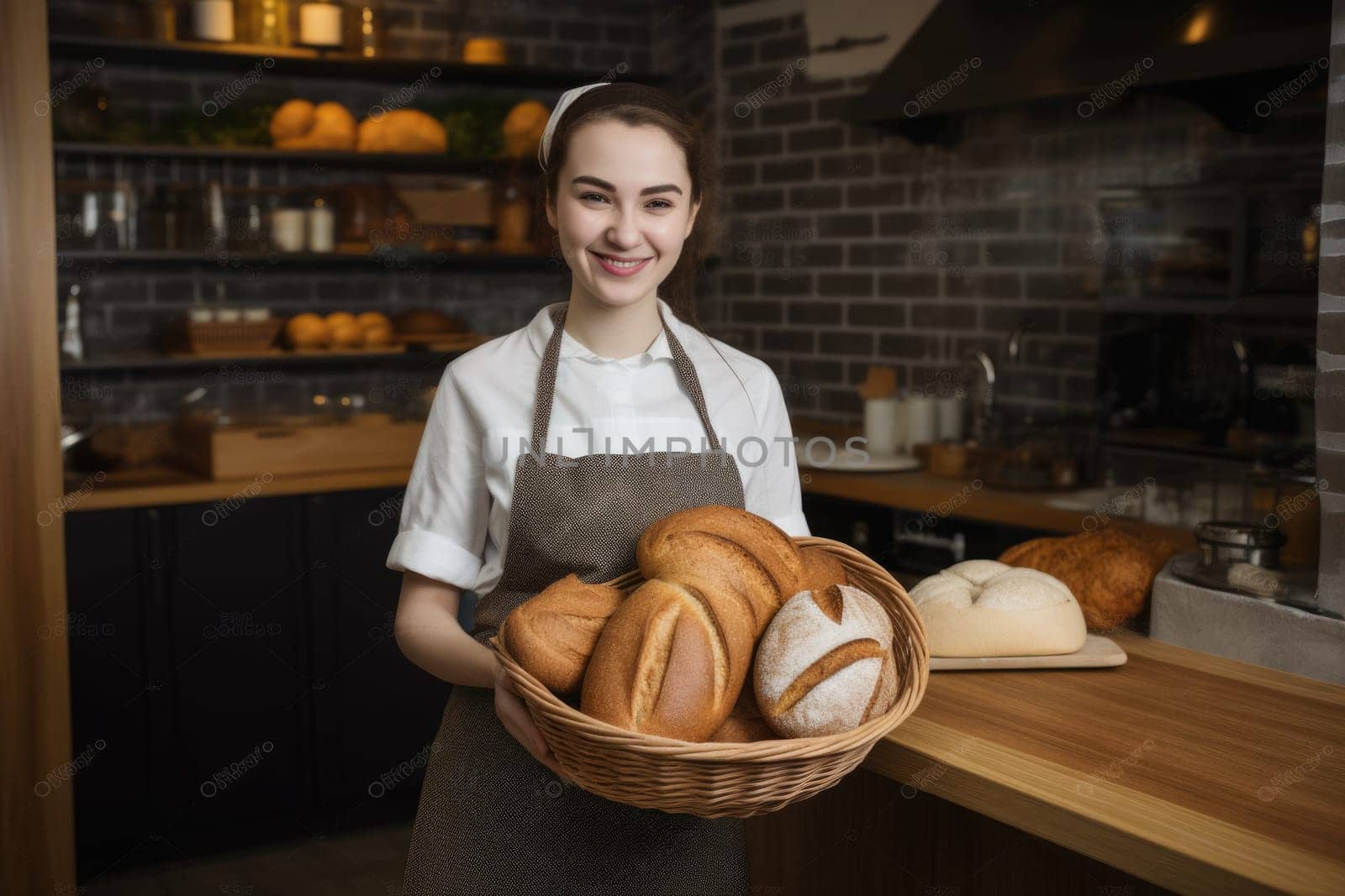 Smiling spanish female baker standing in home kitchen holding bread in basket. Generative AI AIG21.