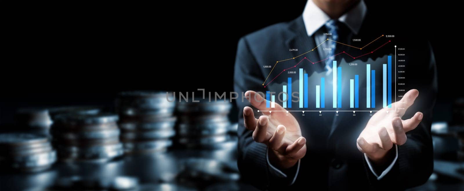 Businessman analyst working with digital finance business data graph showing technology of investment strategy for perceptive financial business decision. Digital economic analysis technology concept.