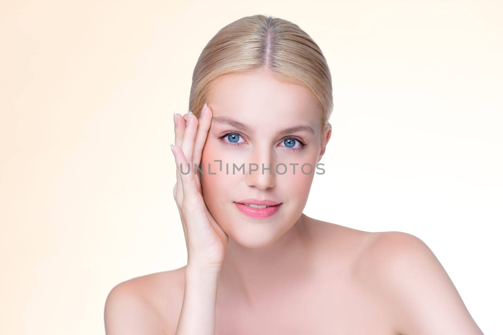 Personable beautiful woman portrait with perfect smooth clean skin and natural makeup portrait in isolated background. Hand gesture with expressive facial expression for beauty model concept.