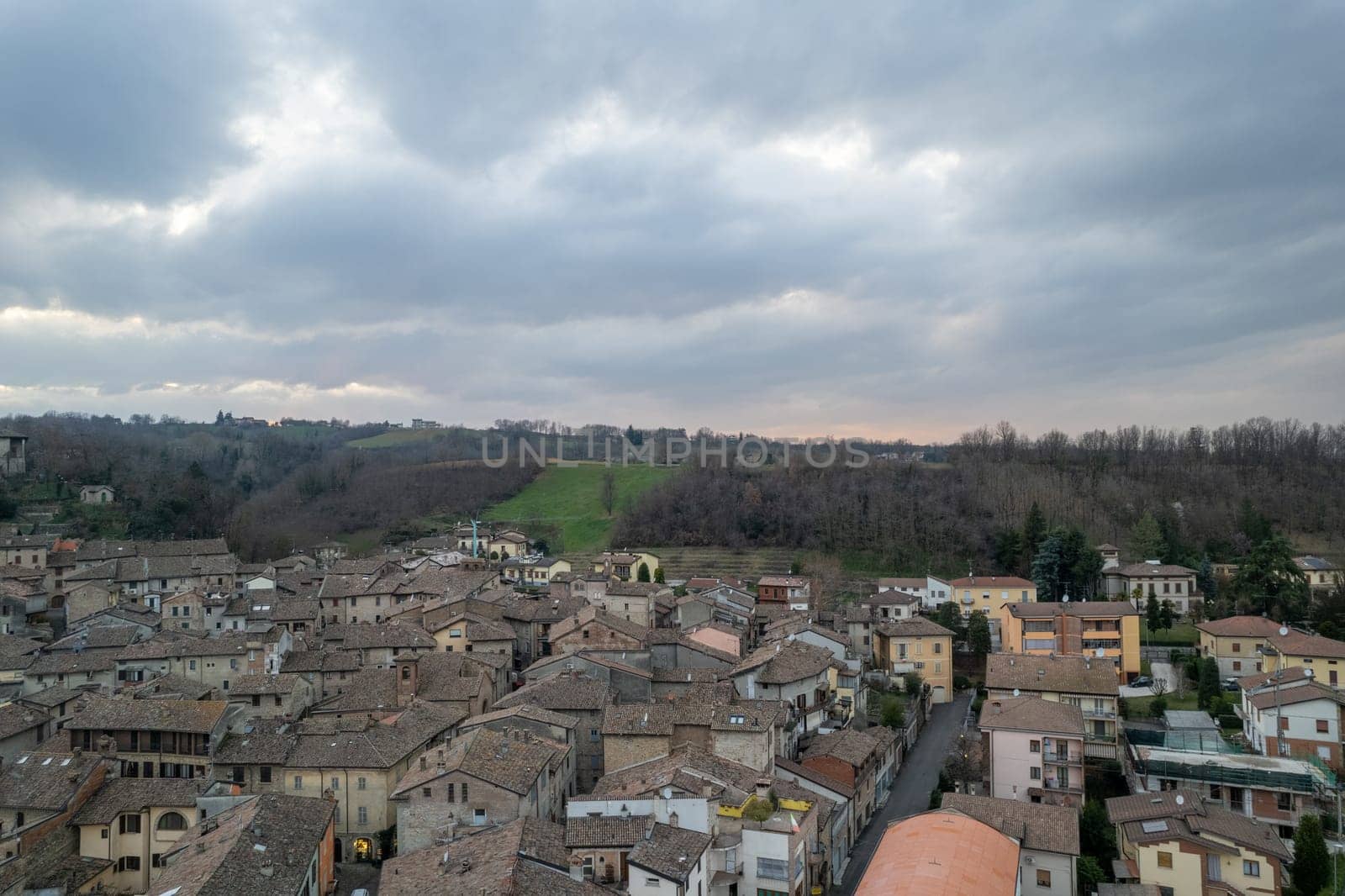 aerial view of Castellarquato medieval village in Emilia Romagna, Italy by verbano
