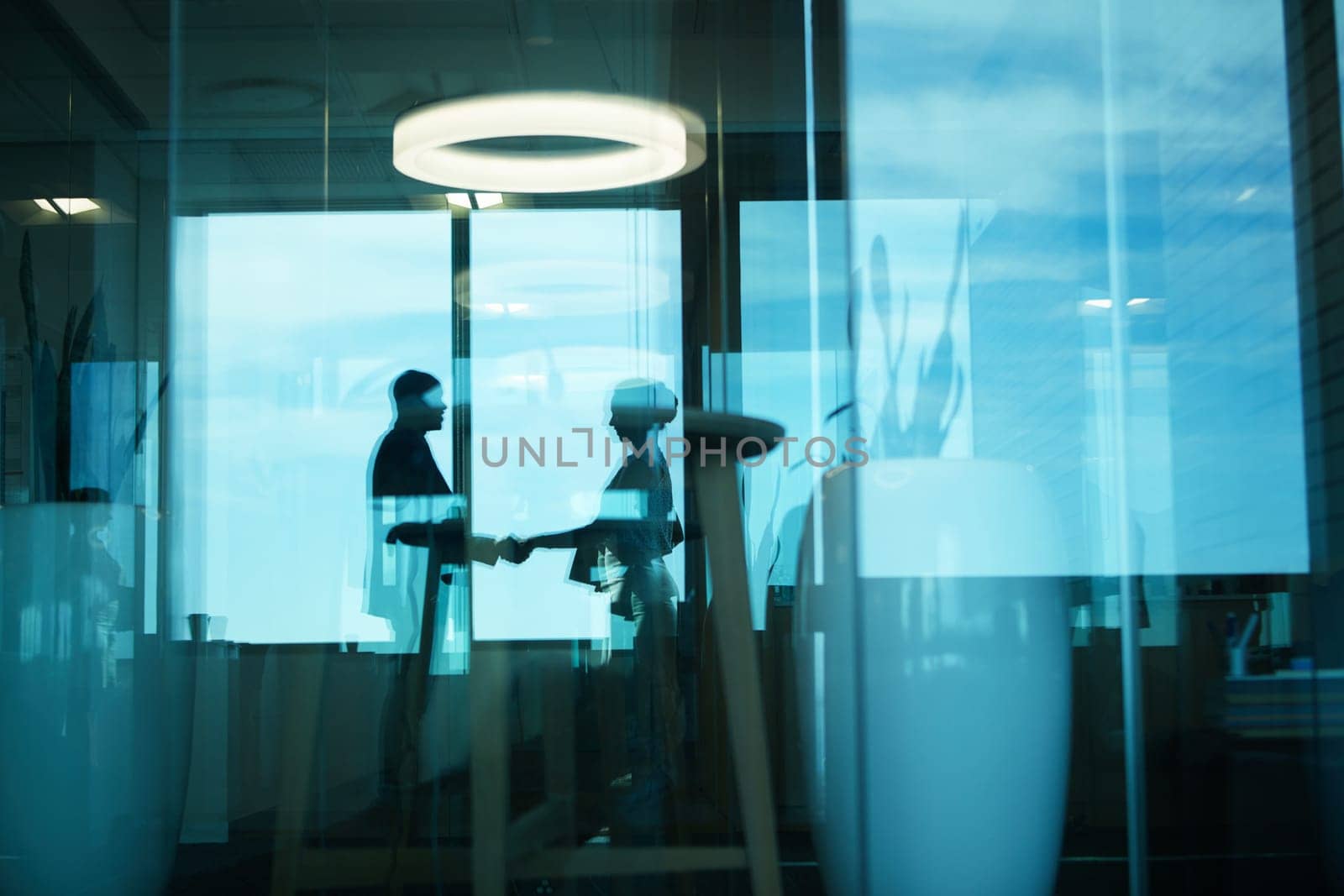 Weve got ourselves a deal. Silhouetted shot of two businesspeople shaking hands in an office