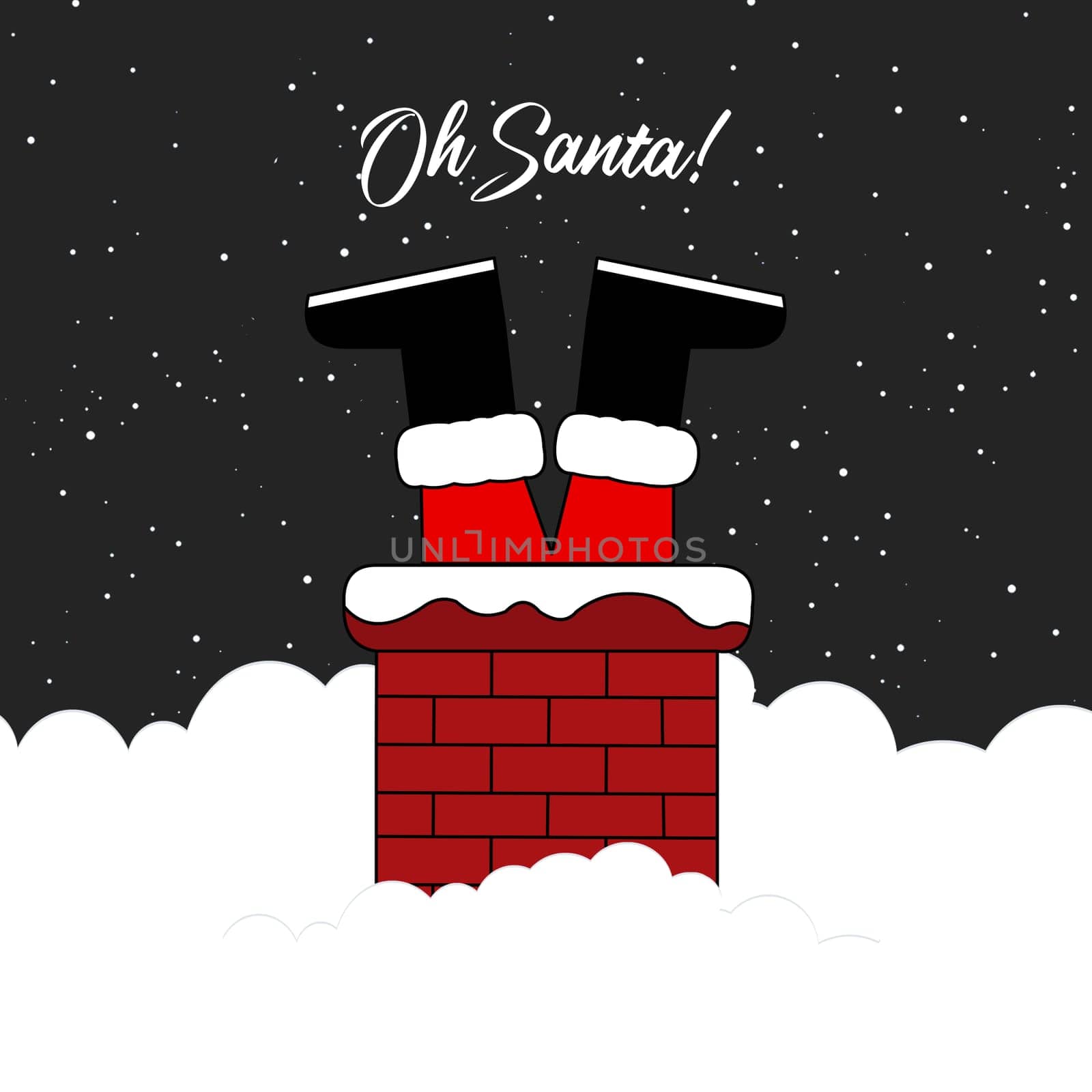 Santa claus upside down stuck in the chimney with his feet sticking out with the text above him "Oh Santa".
