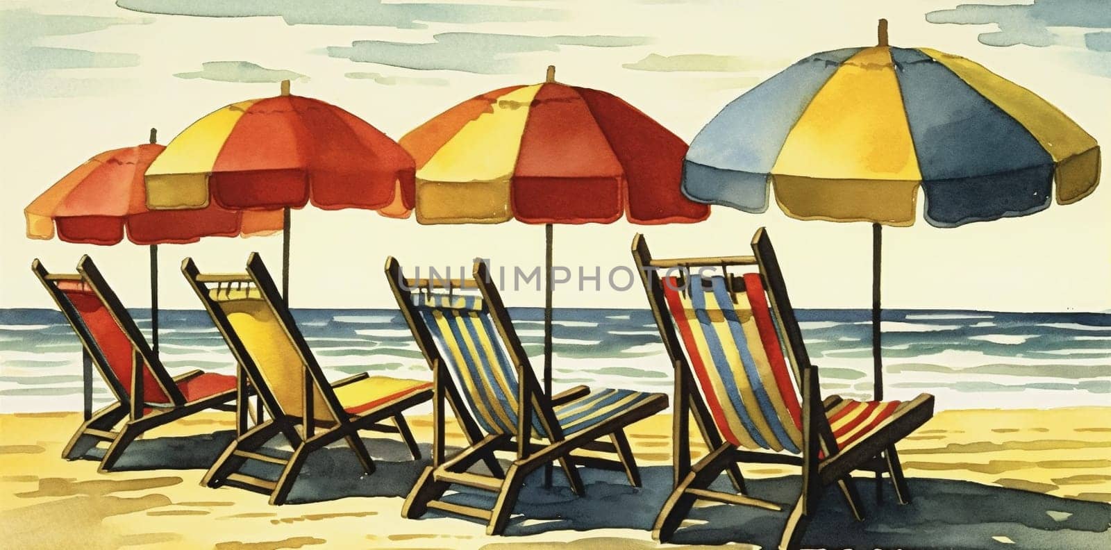 chair umbrella relax tree rest beach background watercolor summer vacation resort. Generative AI. by SHOTPRIME