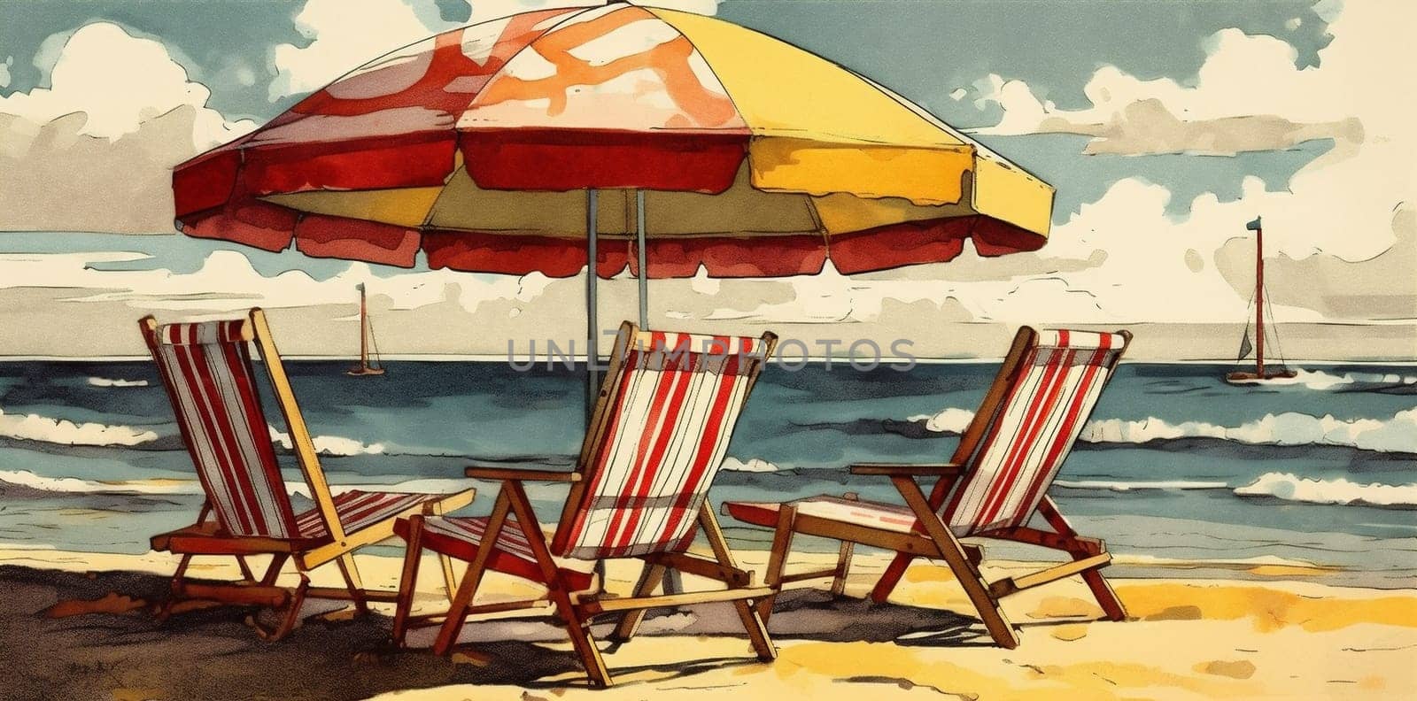 palm chair watercolor resort umbrella background summer relax vacation rest beach. Generative AI. by SHOTPRIME