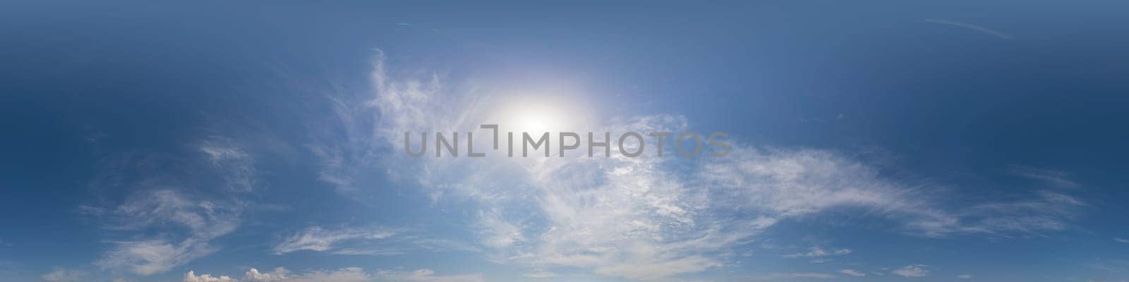 Blue summer sky panorama with light Cirrus clouds. HDR 360 seamless spherical panorama. Full zenith or sky dome for 3D visualization, sky replacement for aerial drone panoramas. by panophotograph