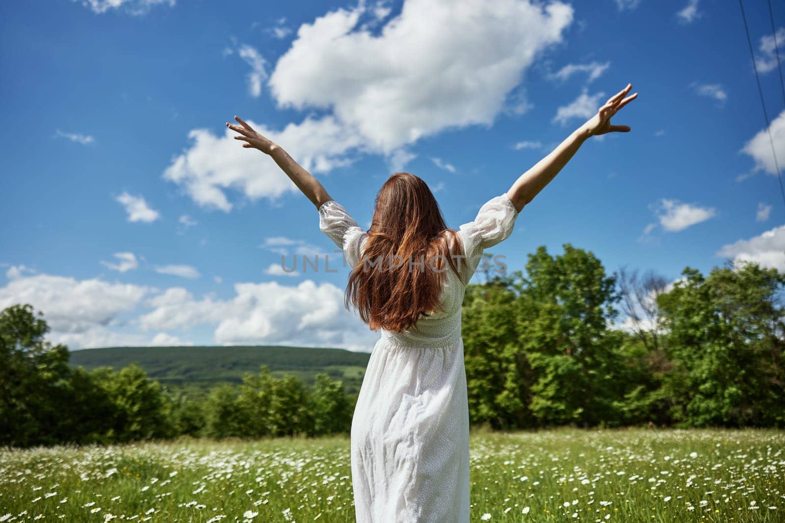 a woman stands with her back to the camera in a light dress in a chamomile field with her hands raised above her head. High quality photo