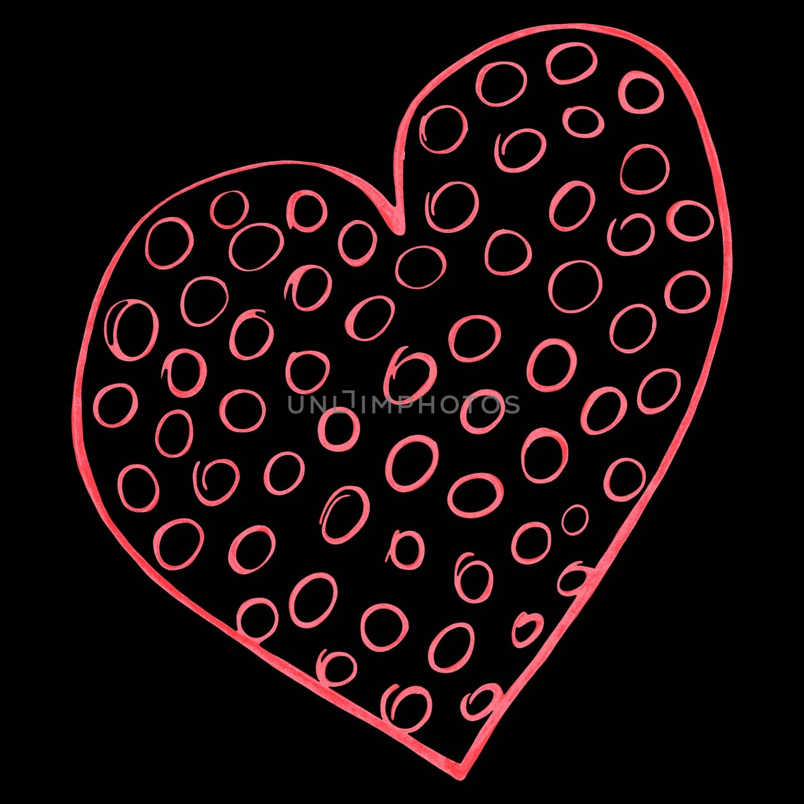 Red Heart Drawn by Colored Pencil. The Sign of World Heart Day. Symbol of Valentines Day. Heart Shape Isolated on Black Background.