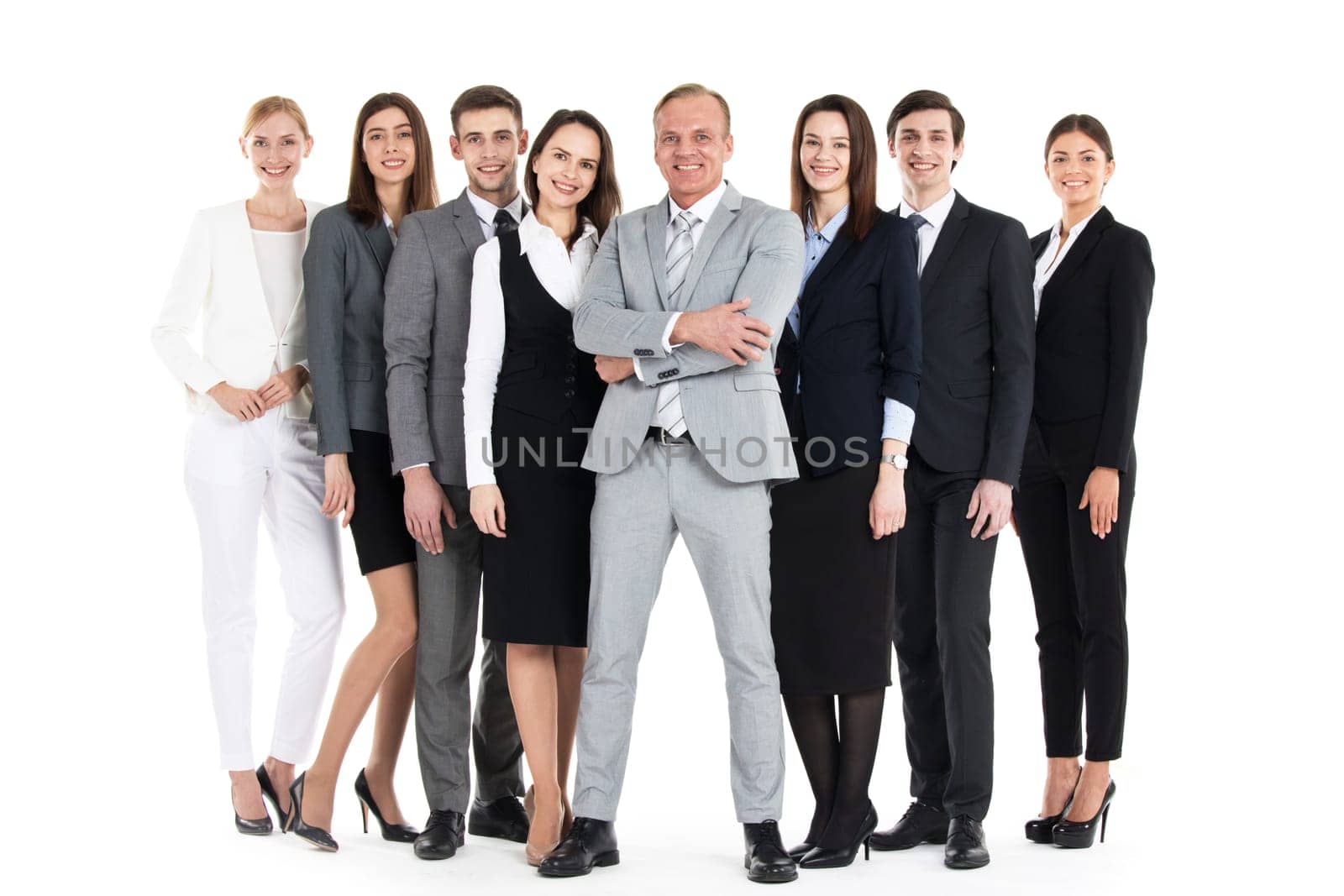 Business team posing together isolated on white background