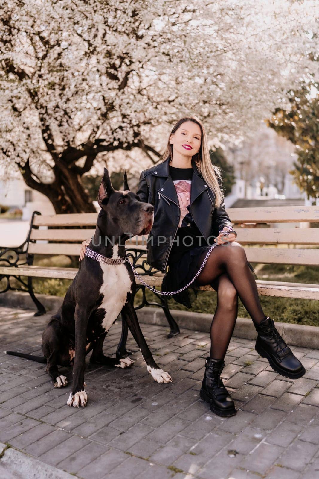 A woman walks with her Great Dane in an urban setting, enjoying the outdoors and the company of her dog