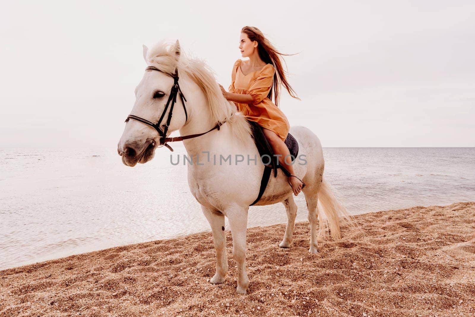 A woman in a dress stands next to a white horse on a beach, with the blue sky and sea in the background