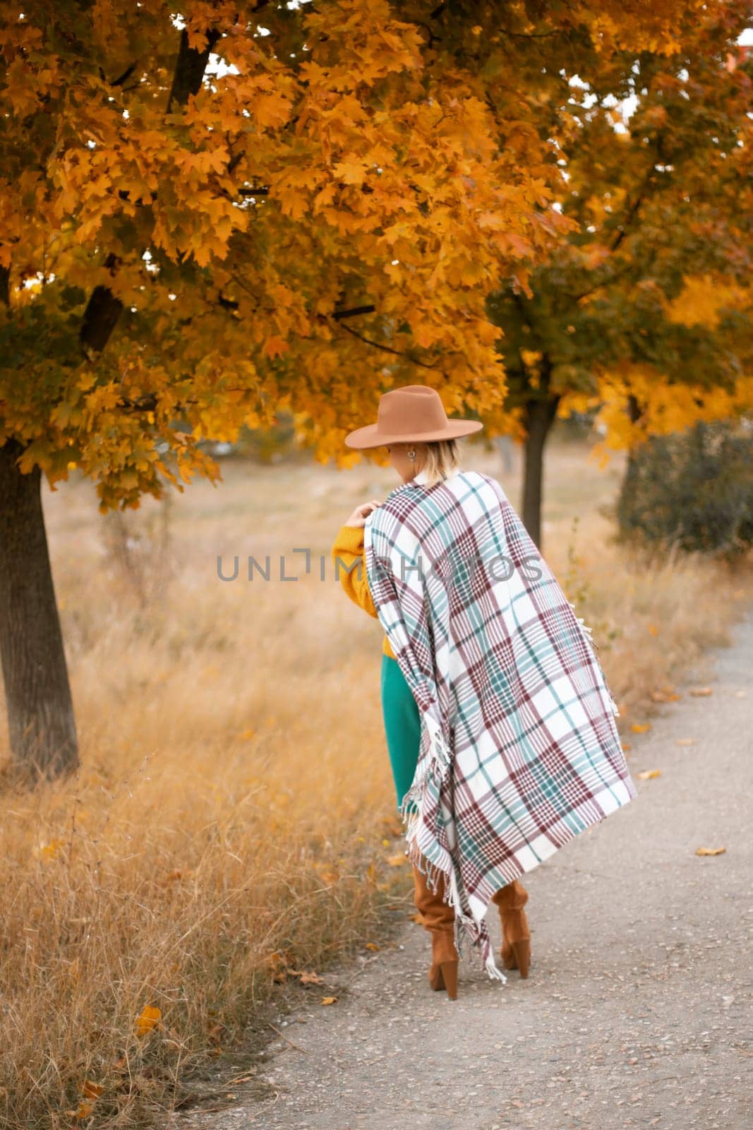 autumn woman in a green dress, brown hat, plaid, against the background of an autumn tree.