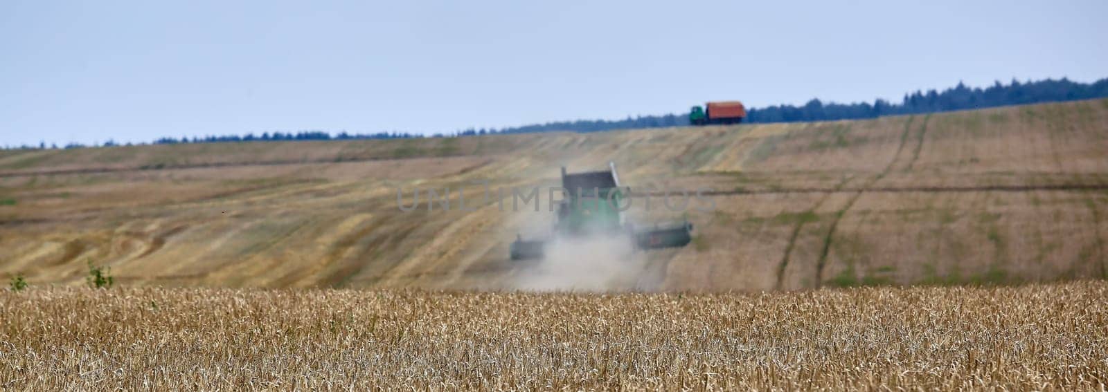 Combine to the mowing removes wheat on the field. by Hil