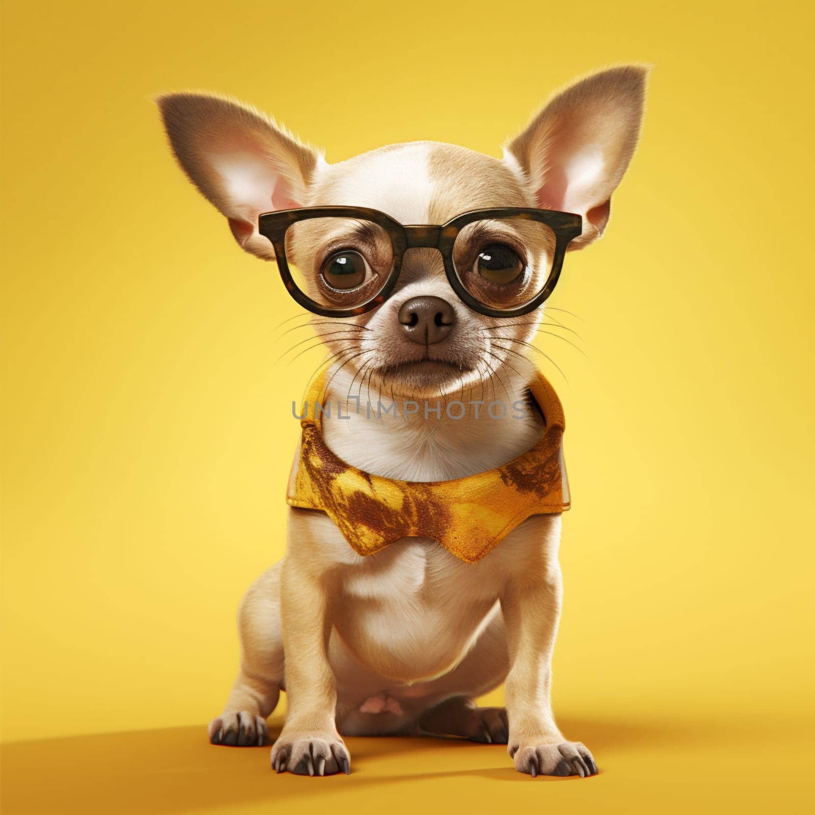 cute dog animal portrait chihuahua glasses yellow pet background puppy studio. Generative AI. by SHOTPRIME