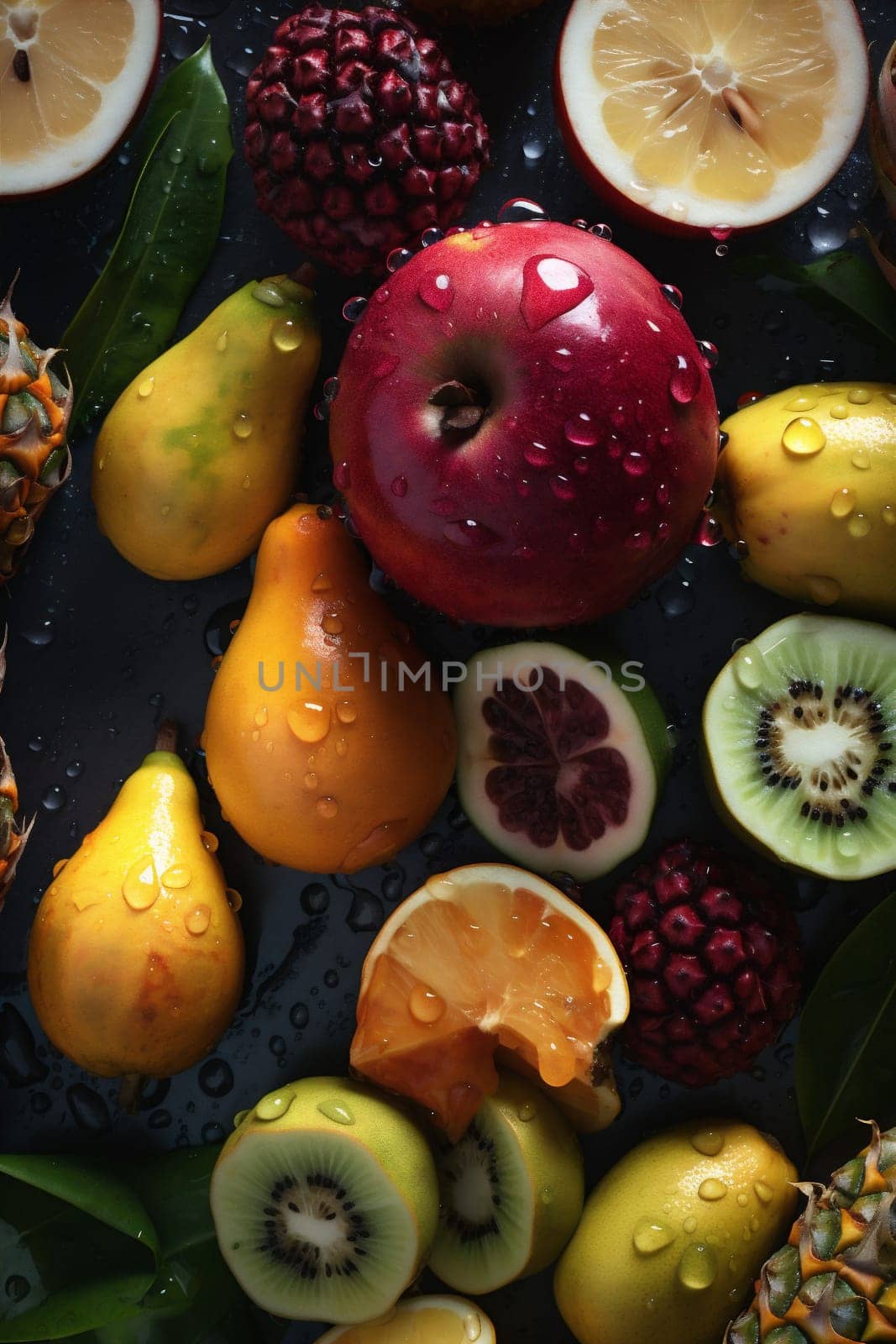 healthy strawberry vitamin drop water green lemon fresh food fruit background. Generative AI. by SHOTPRIME