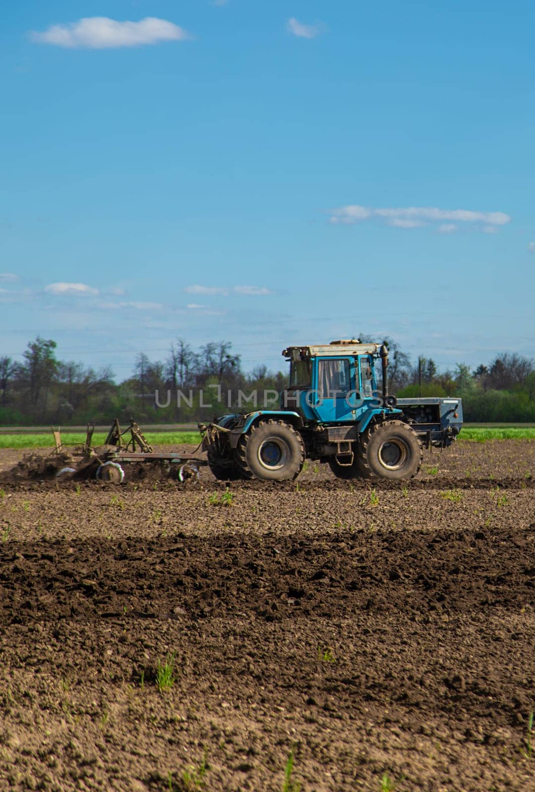 The tractor plows the soil in the field. Selective focus. Nature.