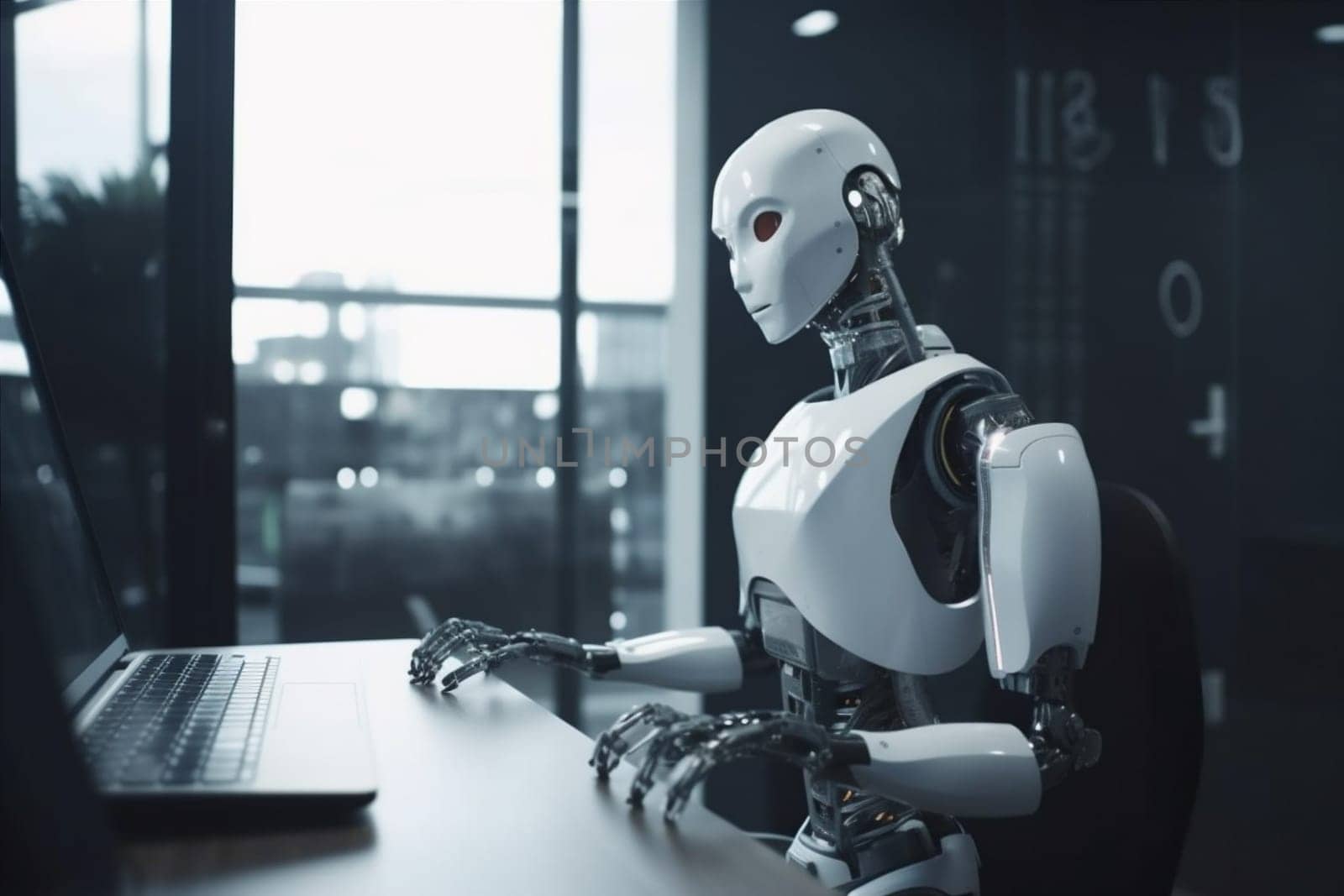 web paperwork office digital intelligence financial mechanical futuristic tech laptop robot hand paper ai information pen process artificial technology document. Generative AI.