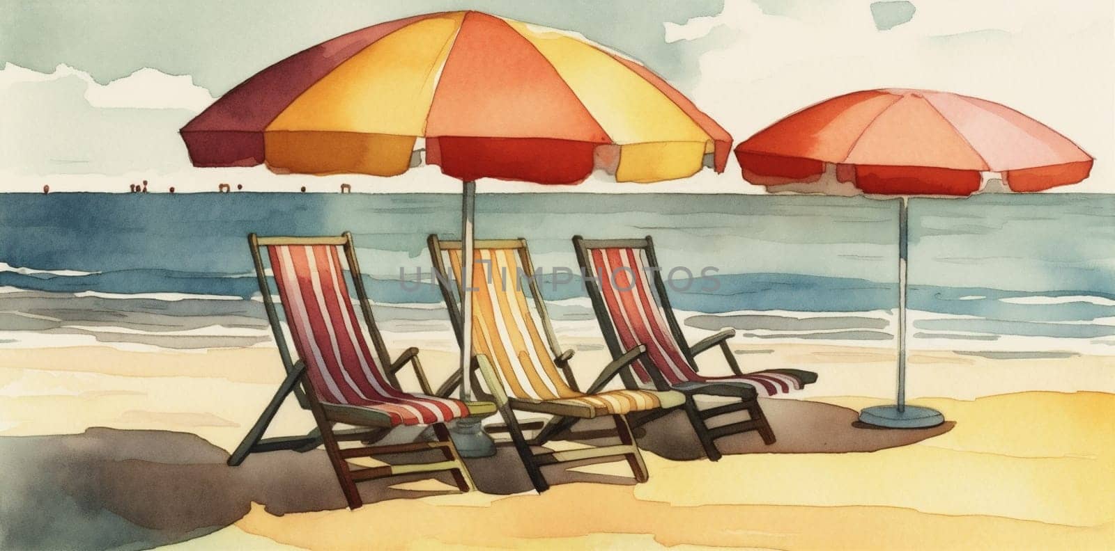 coast watercolor lounge umbrella beach vacation exotic holiday summer rest hand-drawn relax resort sand chair seascape tree island sea background water. Generative AI.