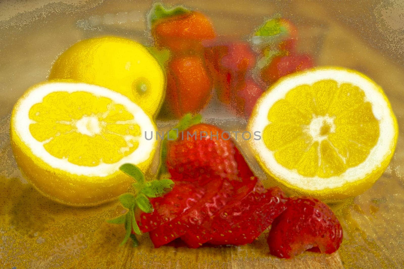 watercolor effect on fresh fruit of strawberries and lemon