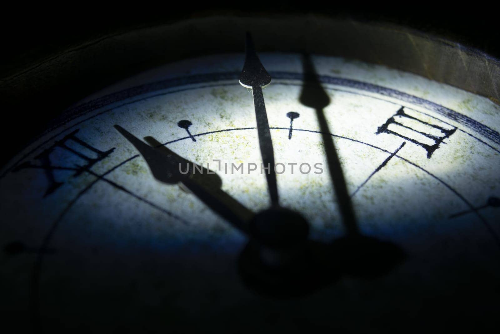 concept of time with the face of an old wall clock in directional light