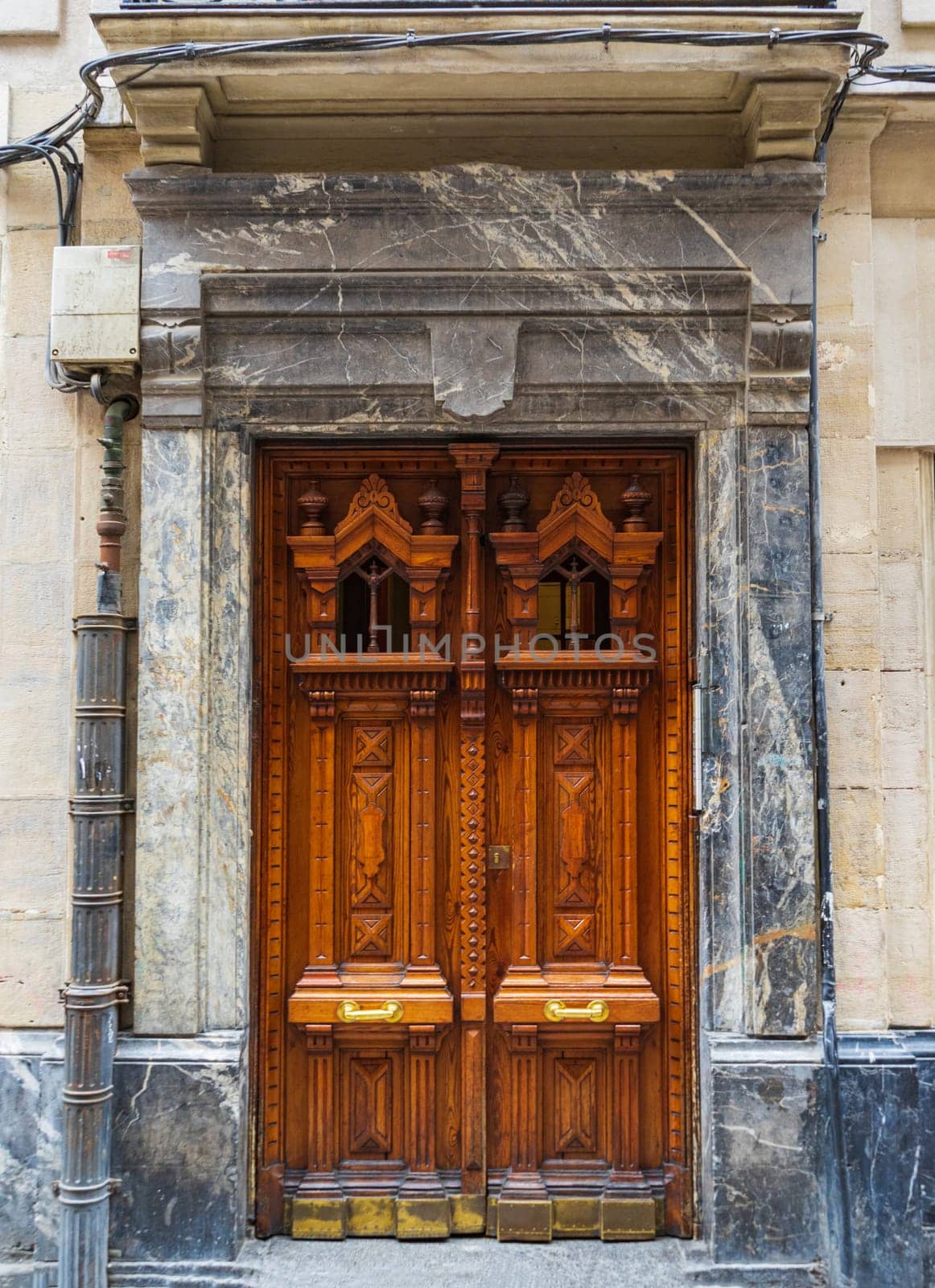 Old Vintage wooden swing door with carving