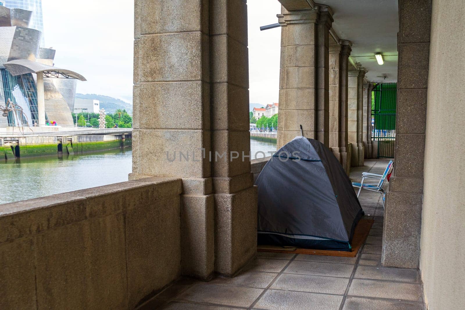 Tourist tent stands in the city, homeless overnight in Bilbao, Basque Country, Spain