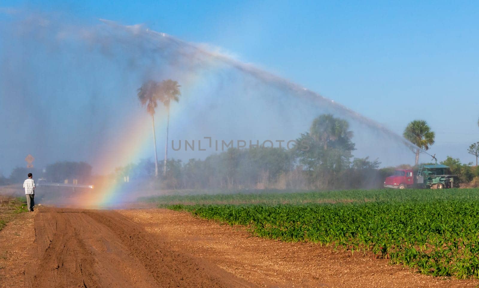 USA, FLORIDA - NOVEMBER 30, 2011: a rainbow in the sky from a fire engine spraying a field, Florida