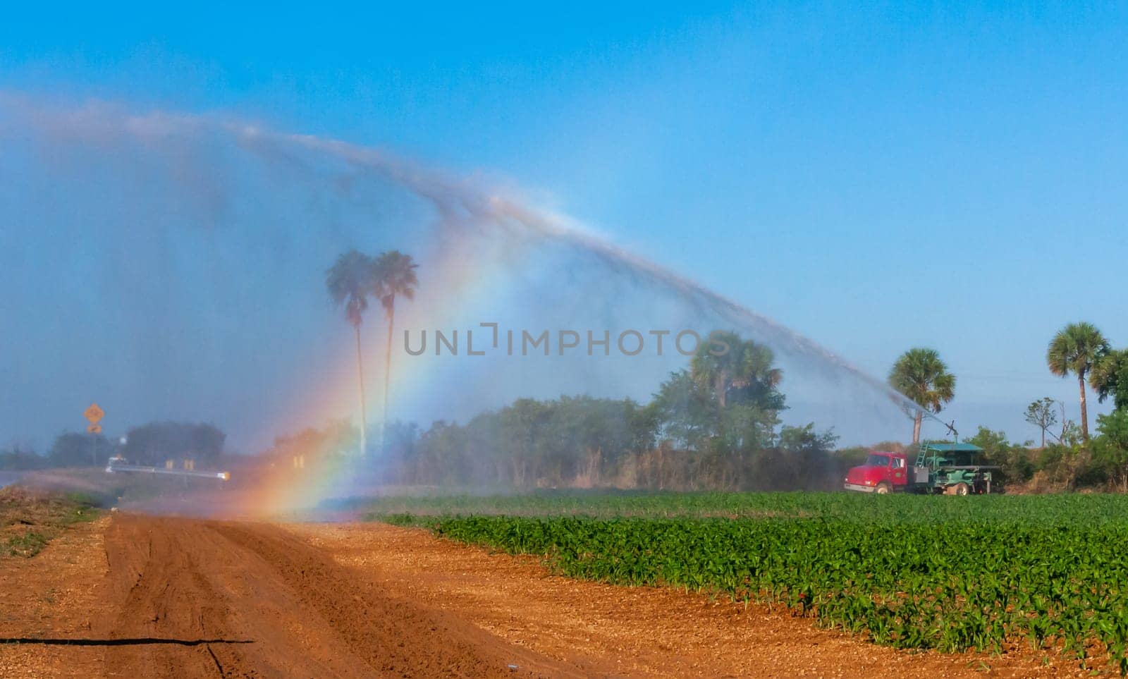 USA, FLORIDA - NOVEMBER 30, 2011: a rainbow in the sky from a fire engine spraying a field, Florida