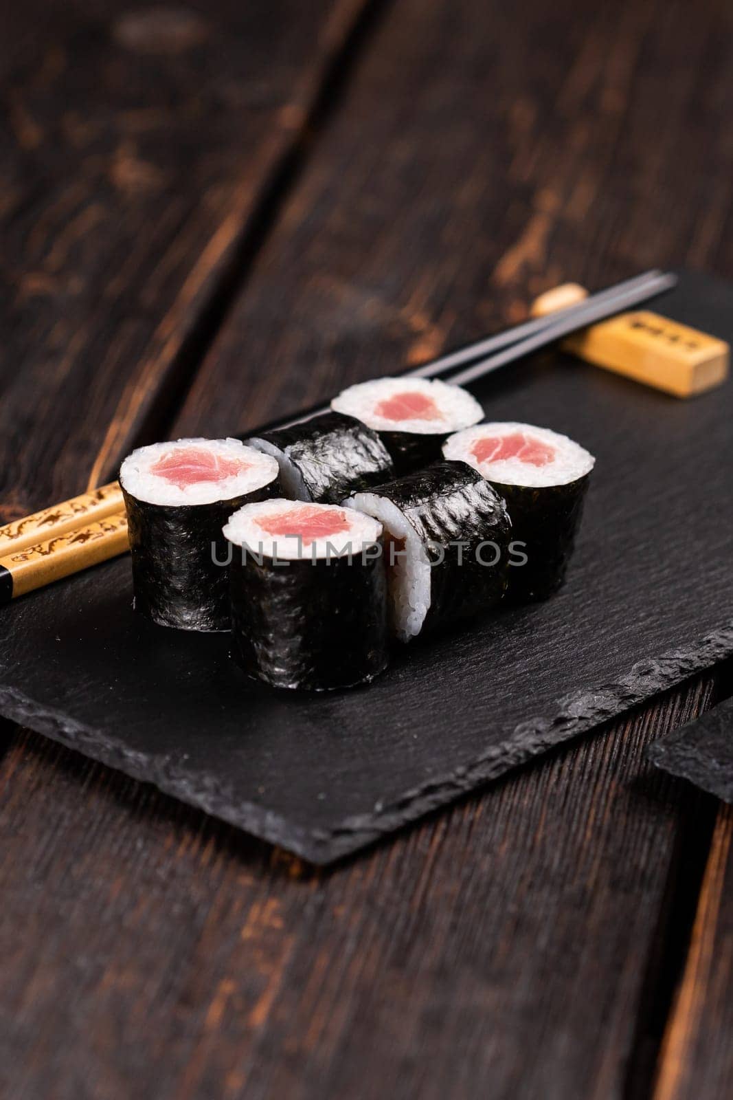 Maki sushi rolls with smoked salmon - Sushi menu. Japanese food