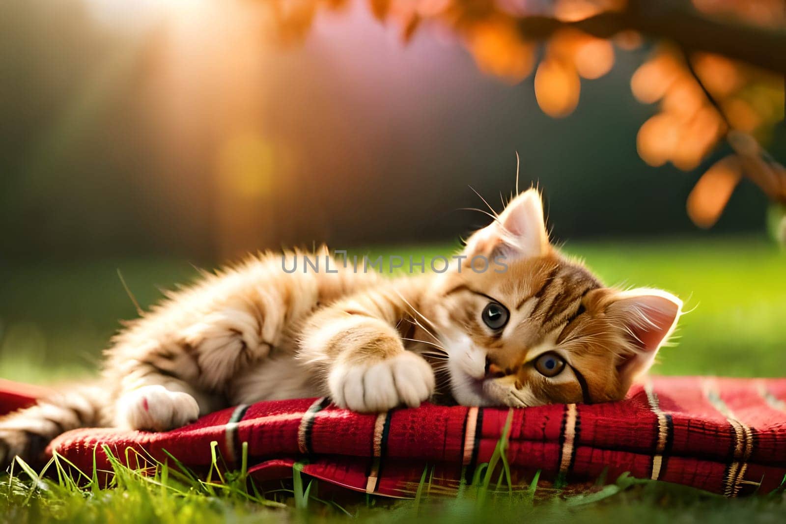 Cute little red kitten sleeps on fur white blanket. kitten sleeping on gray plaid wool blanket with tassels, embracing soft beige knitted toy