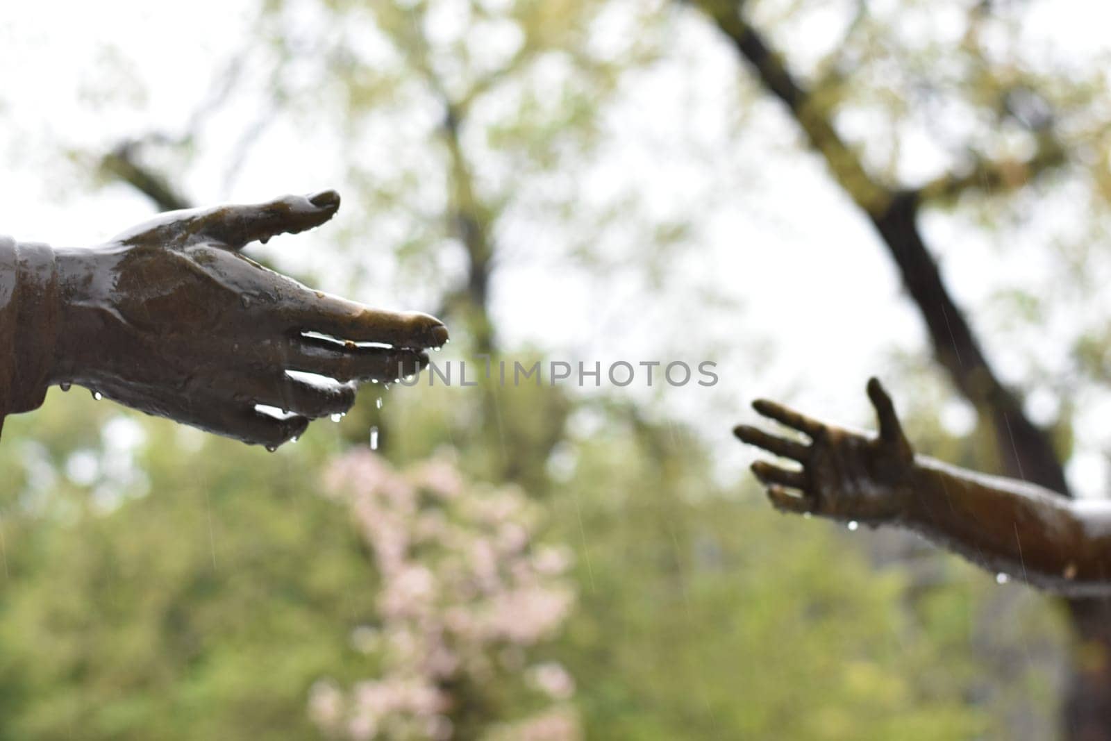 Rainy Day Hands Adult and Child Reaching Towards Each Other . High quality photo