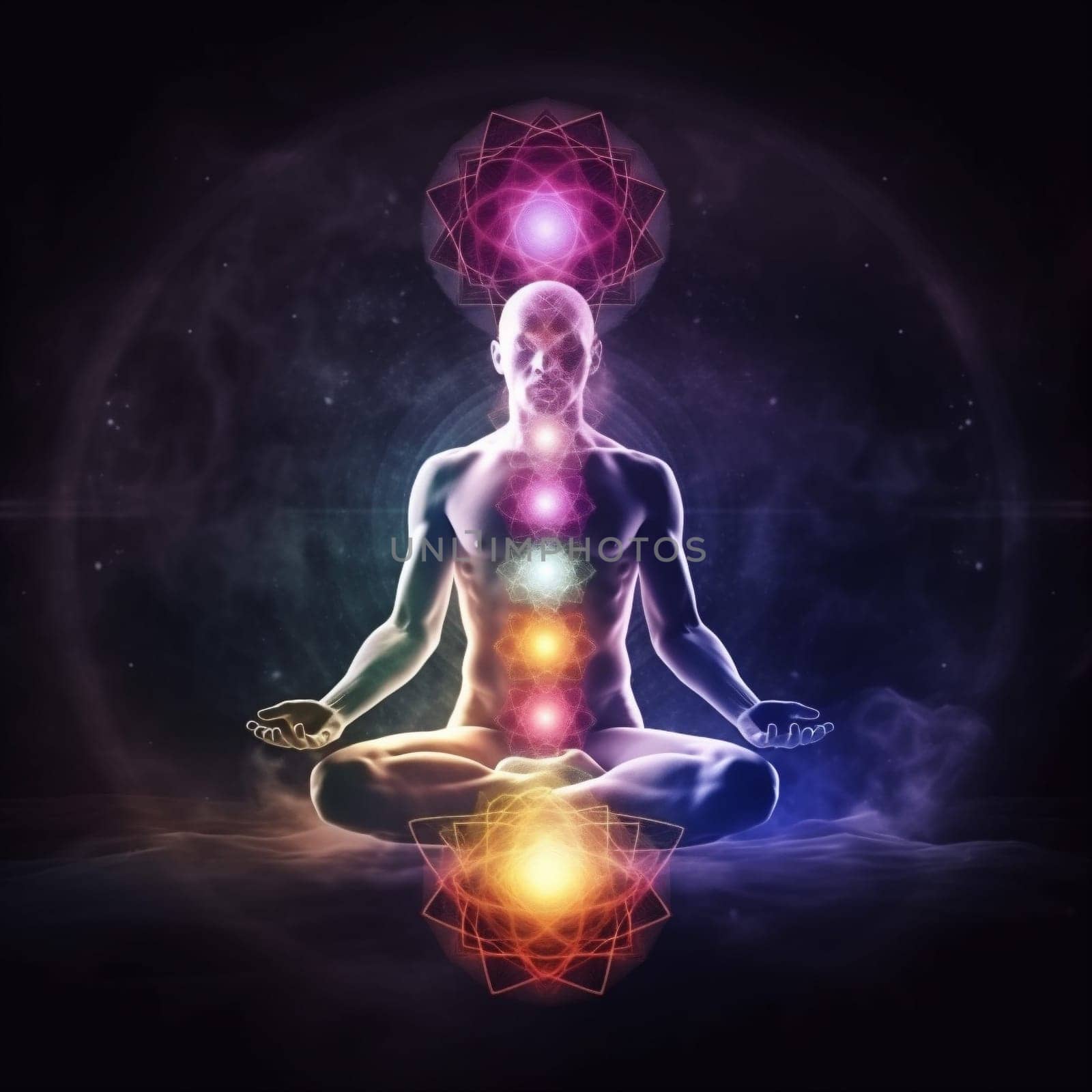 aura chakra spiritual pose silhouette energy peace zen meditation yoga. Generative AI. by SHOTPRIME