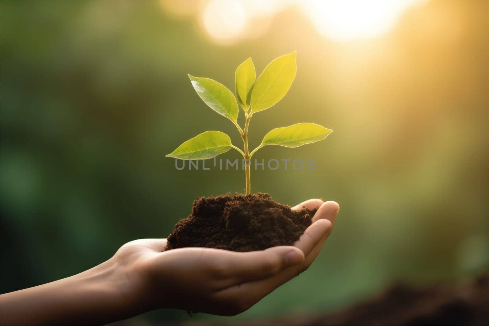 man nature protect new plant hand agriculture leaf gardening green ground spring care growth ecology dirt life farm soil background. Generative AI.