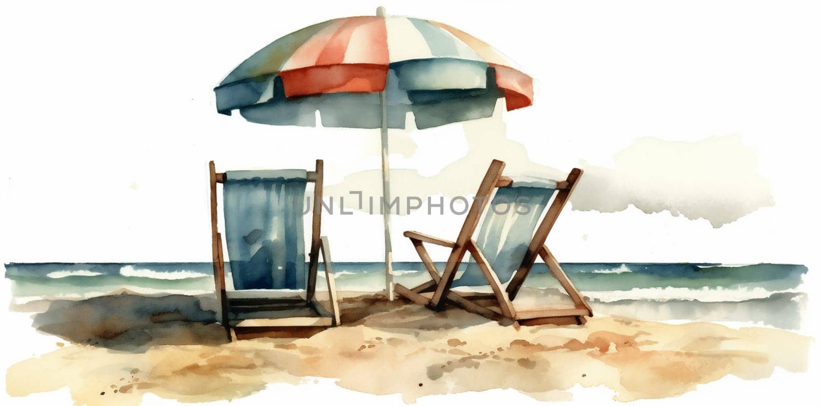 rest sunny watercolor summer umbrella resort relax background chair vacation beach. Generative AI. by SHOTPRIME