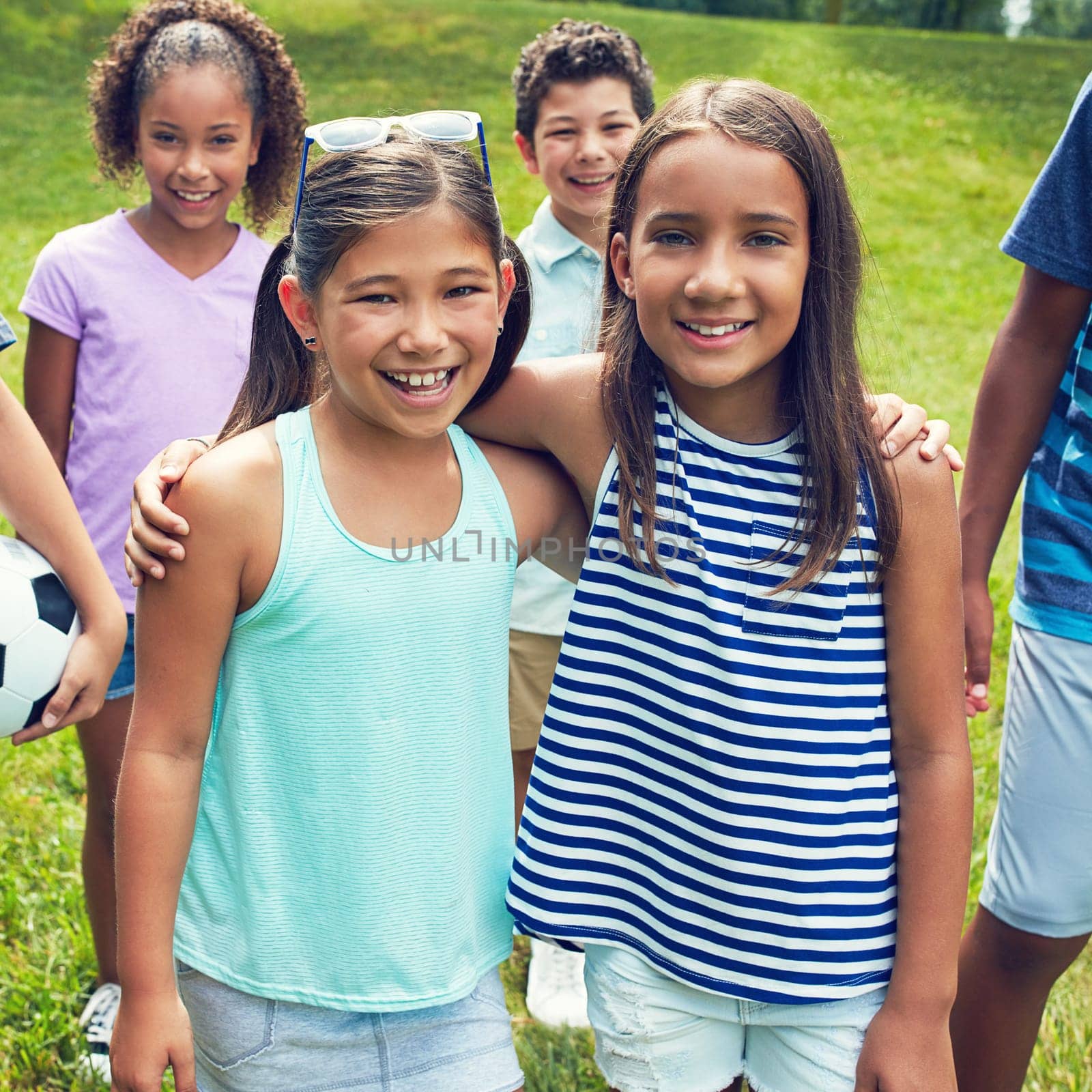 See my smile My bestie gave it to me. two young girls hanging out with their friends in the park