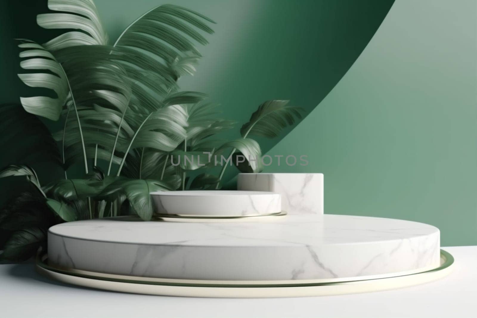 color platform up leaf design creative marble space mock green podium. Generative AI. by SHOTPRIME