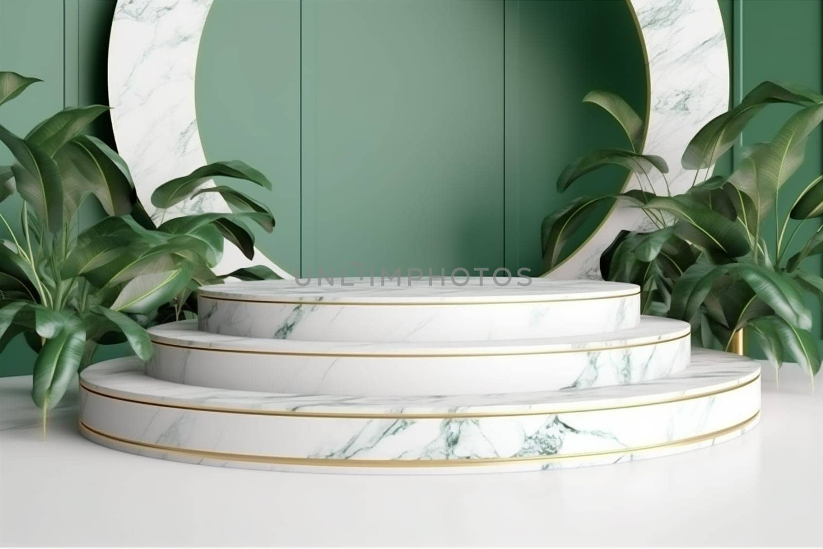 cosmetic stage composition podium branch design space advertising sale modern tree creative color template green mock up abstract marble leaf platform. Generative AI.