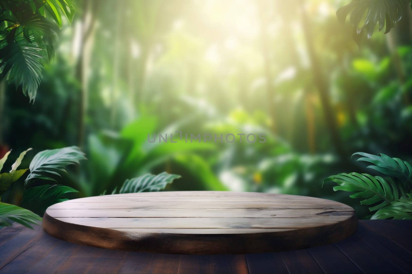 leaf platform mock design color up green podium wooden space palm. Generative AI. by SHOTPRIME