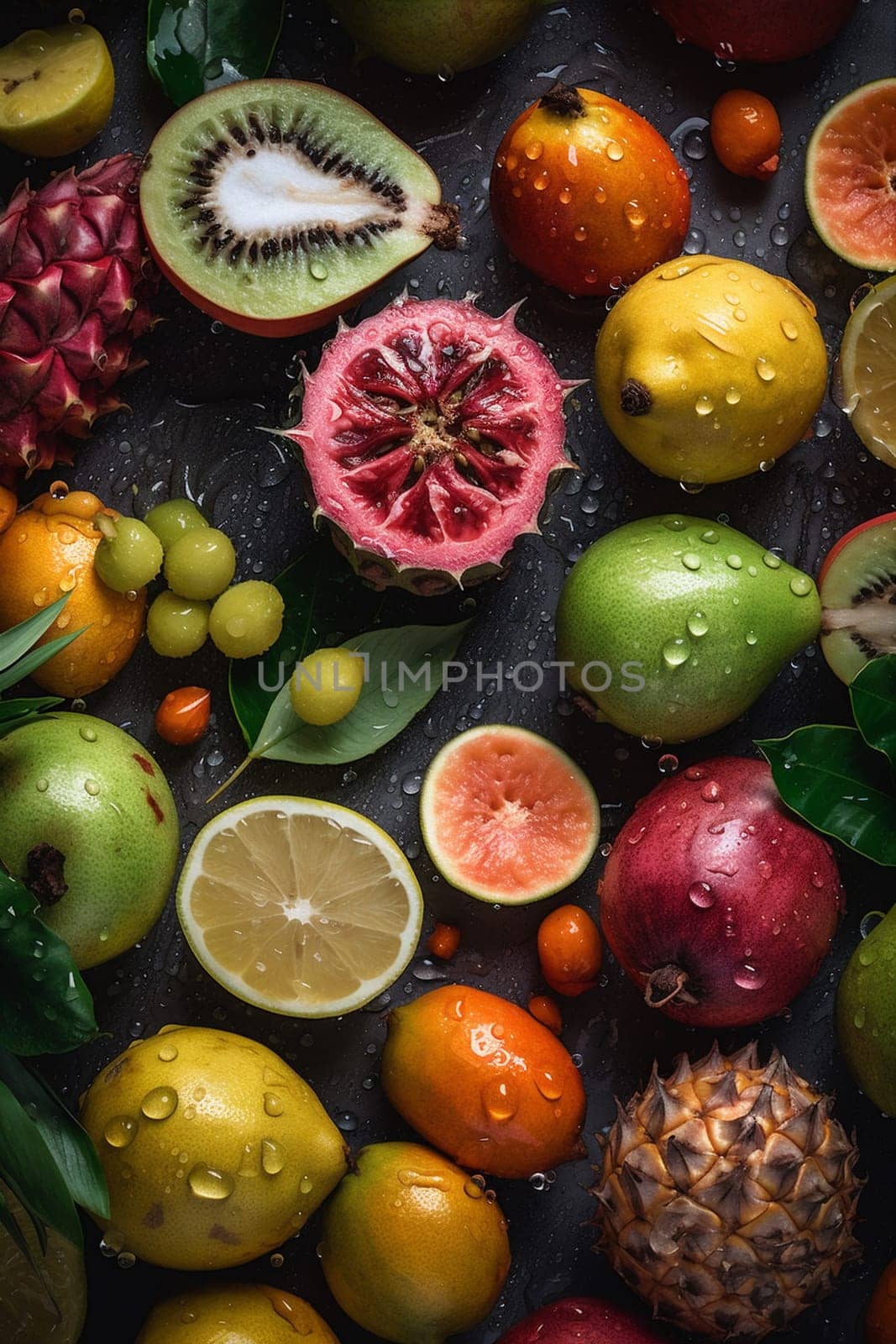 nature healthy green fruit strawberry drop water vitamin background fresh food. Generative AI. by SHOTPRIME