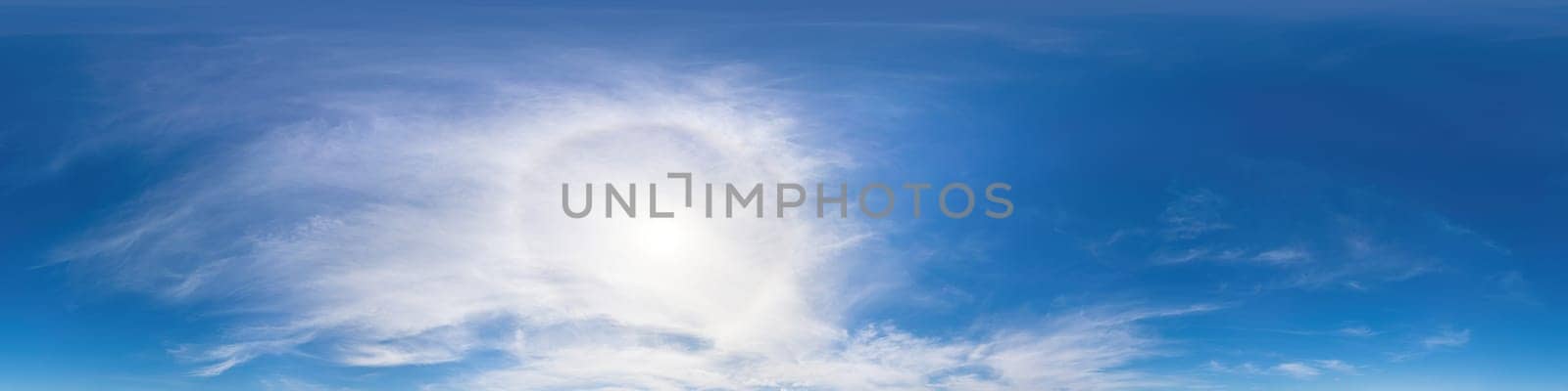 Blue summer sky panorama with light Cirrus clouds. HDR 360 seamless spherical panorama. Full zenith or sky dome for 3D visualization, sky replacement for aerial drone panoramas. by panophotograph