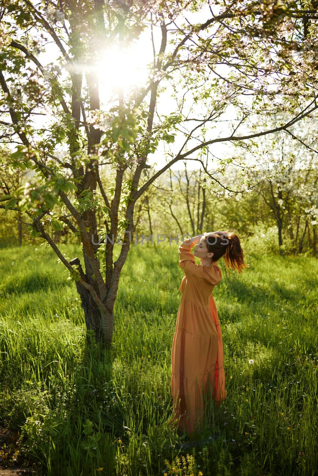 a beautiful woman stands in a long orange dress, in the countryside, near a flowering tree, during sunset, illuminated from behind and standing sideways to the camera collects her hair in a ponytail. High quality photo